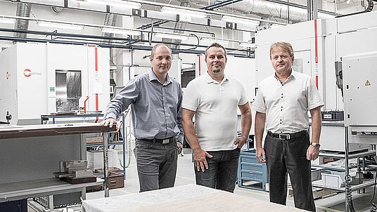 Meopta – optika Mechanics Division Director Milan Ryšavy and Mechanical Engineering Manager Radomír Svoboda, and on the right Hermle Ceska Republika field sales executive Martin Skukalek